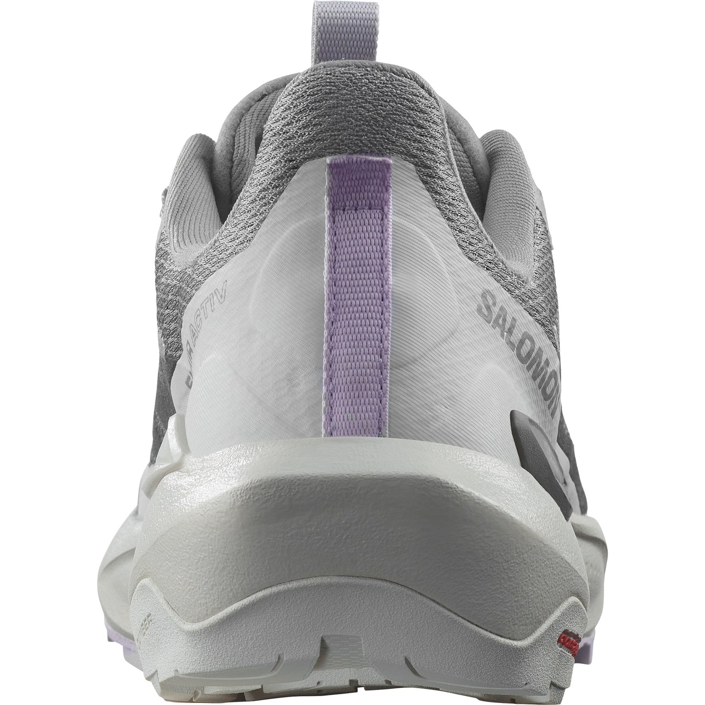 Rear view of a gray athletic shoe with a purple stripe.