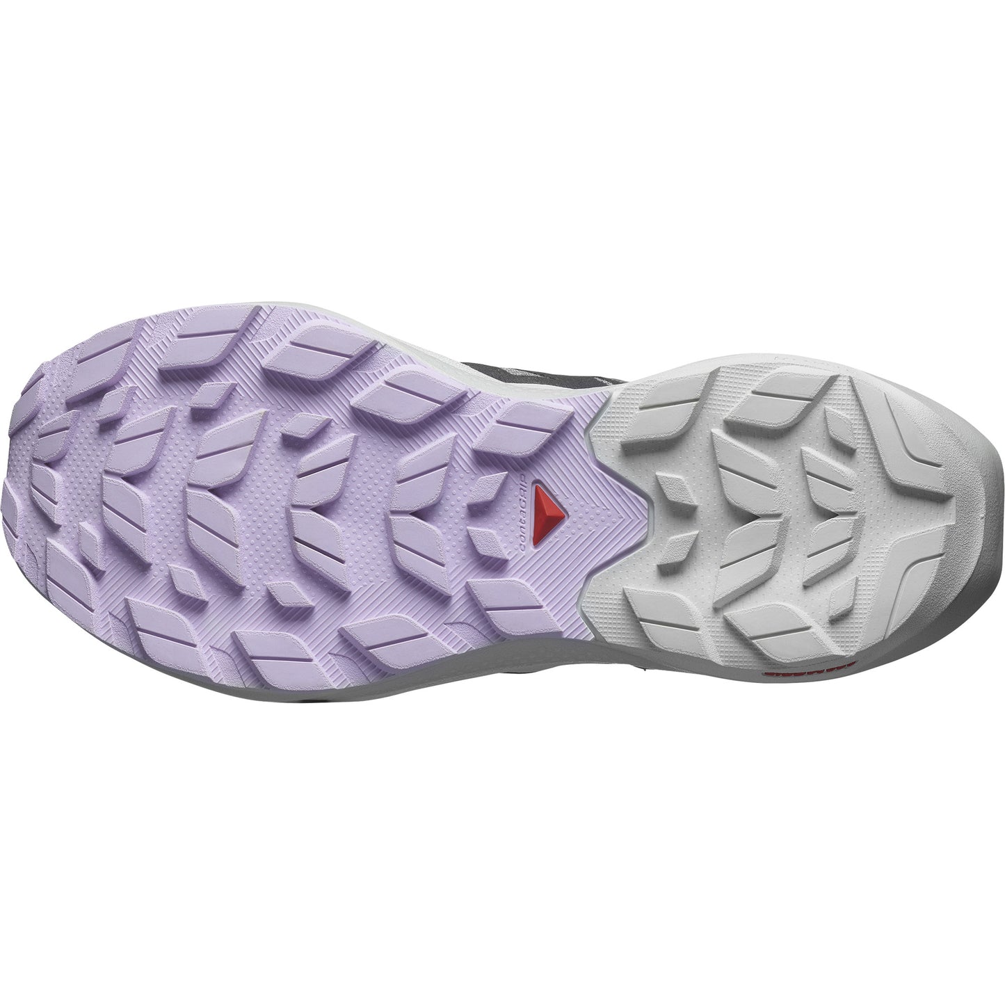 Shoe outsole showing tread patterns and color block: lavender on one side, white on the other.