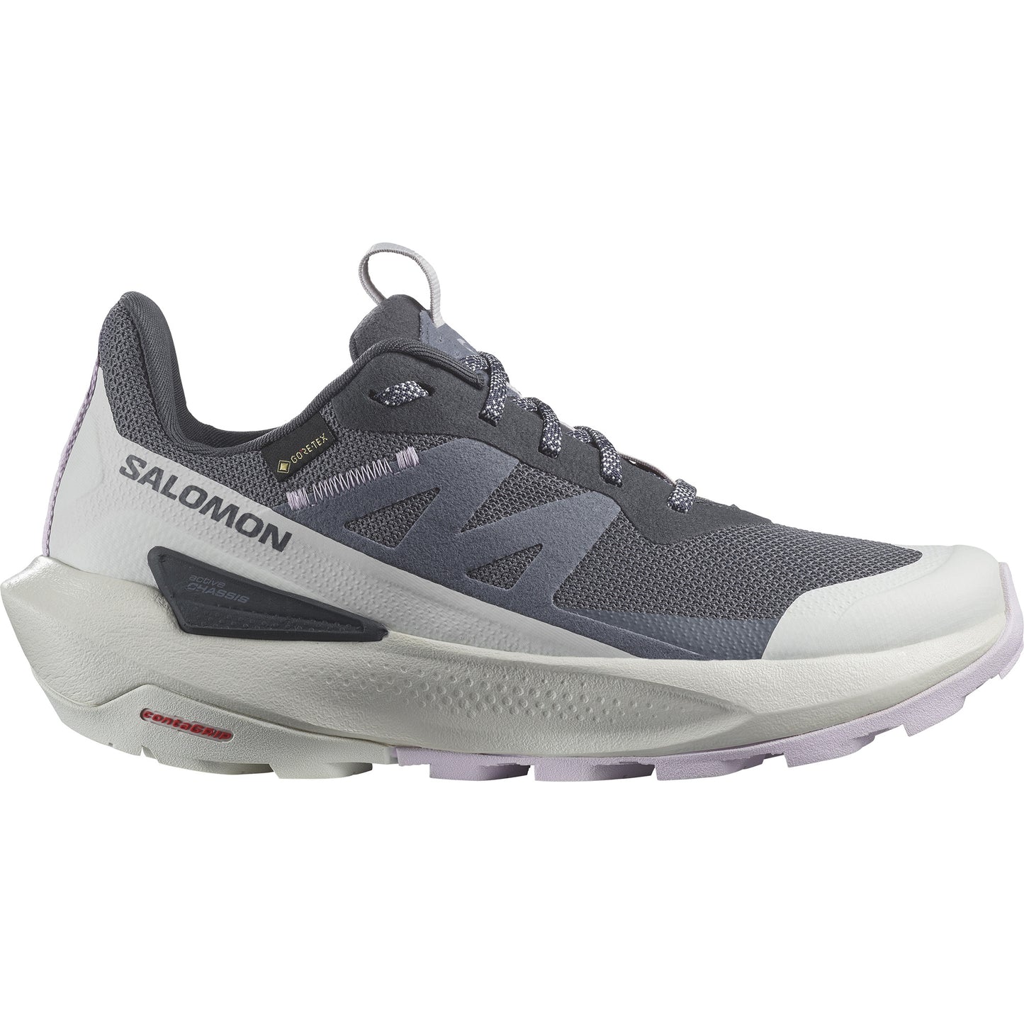 A trail running shoe with gray breathable mesh, gray Gore-Tex label, white heel cup with SALOMON text, and an aggressive off-white sole.