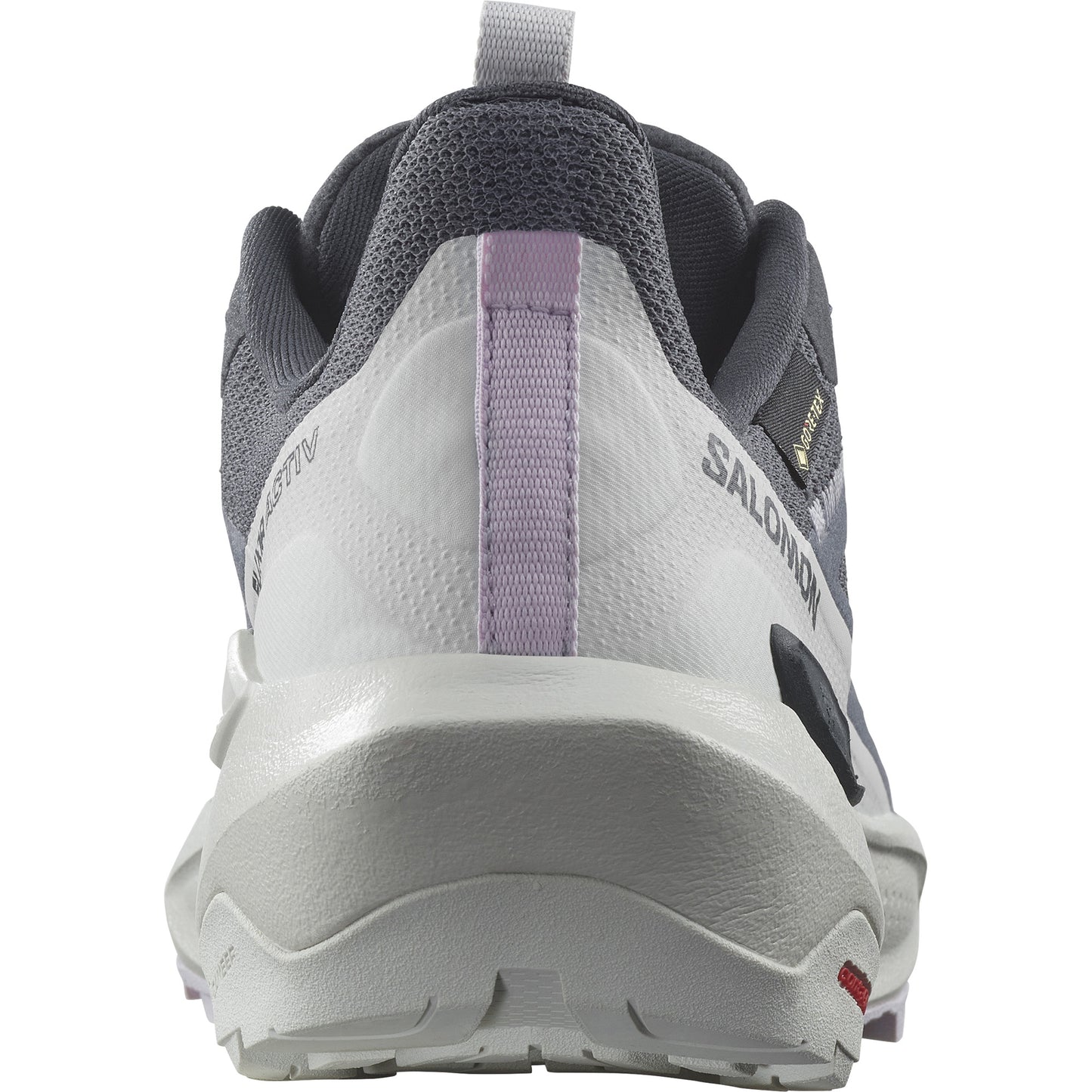 The back of a gray and white athletic shoe with a lavender vertical stripe, showing the brand SALOMON and GORE-TEX tag.