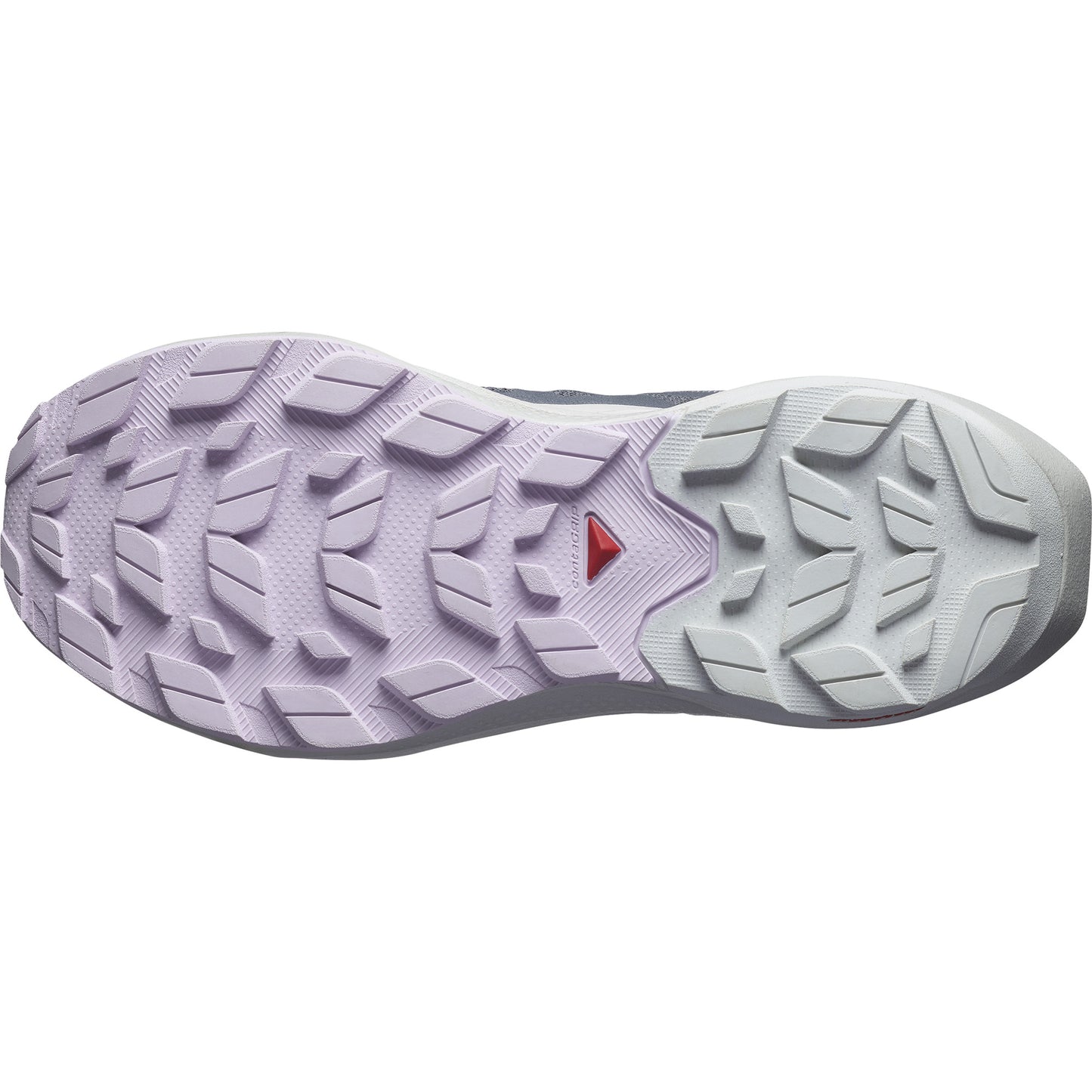 Bottom of athletic shoe with lavender, gray and white tread.
