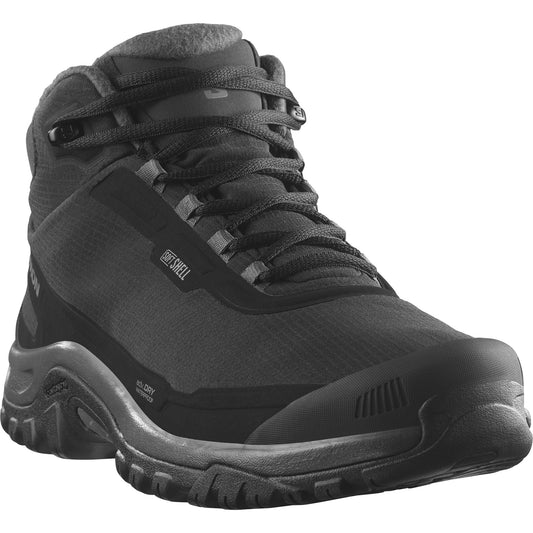 A mid-height, gray hiking boot with laces and a reinforced toe.