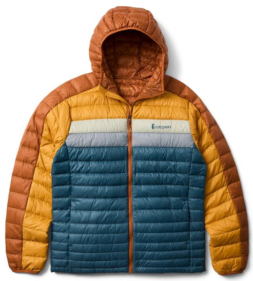 A color-blocked, hooded puffer jacket with a rust-orange hood and sleeves, a gold-yellow upper chest, a light grey stripe across the middle, and a dark blue lower section, featuring a central front zipper and a small embroidered logo on the upper right chest.