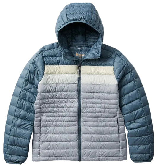 A color-blocked, hooded puffer jacket with a full-length front zipper. The sleeves and hood are a deep teal blue, while the torso features horizontal quilted panels that transition from a cream color at the chest to a lighter grey at the waist.