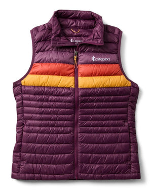 A sleeveless down vest with horizontal quilted panels in deep purple, orange, and yellow, featuring a center front zipper and the text "cotopaxi" printed on the chest.