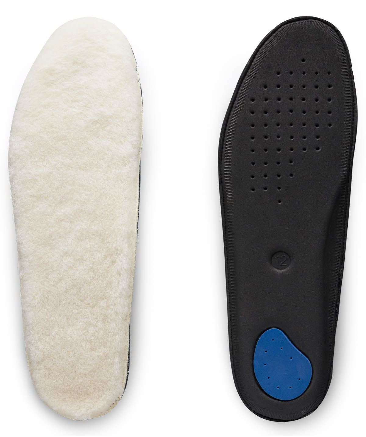 Pair of shoe insoles: one with fleece top, one with black base and blue heel cushion.