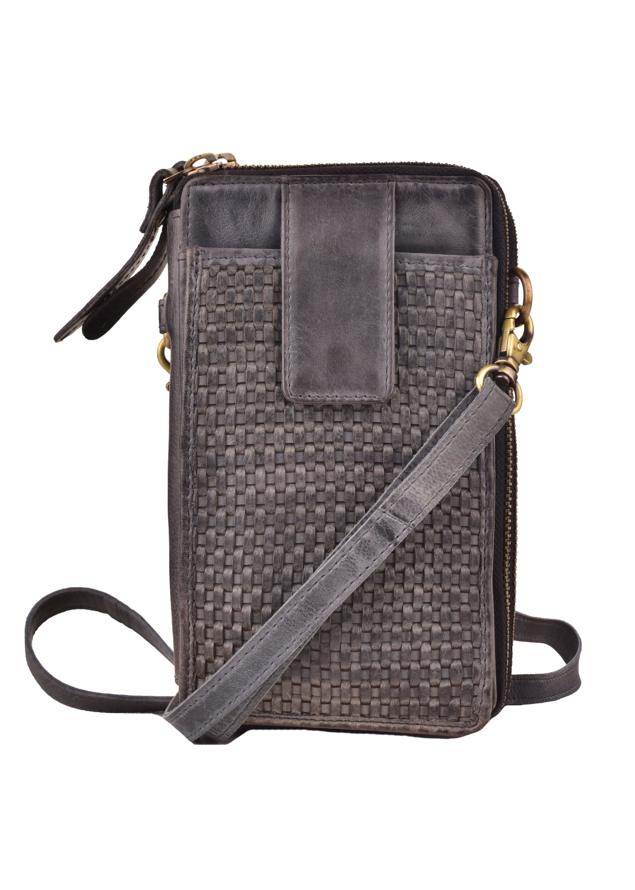 Gray leather woven crossbody phone bag with a flap pocket and a zipper.