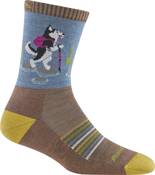 Crew sock in brown and blue with a dog hiking graphic.