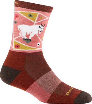 Crew sock with a mountain goat in a geometric design, featuring various colors of pink and brown.