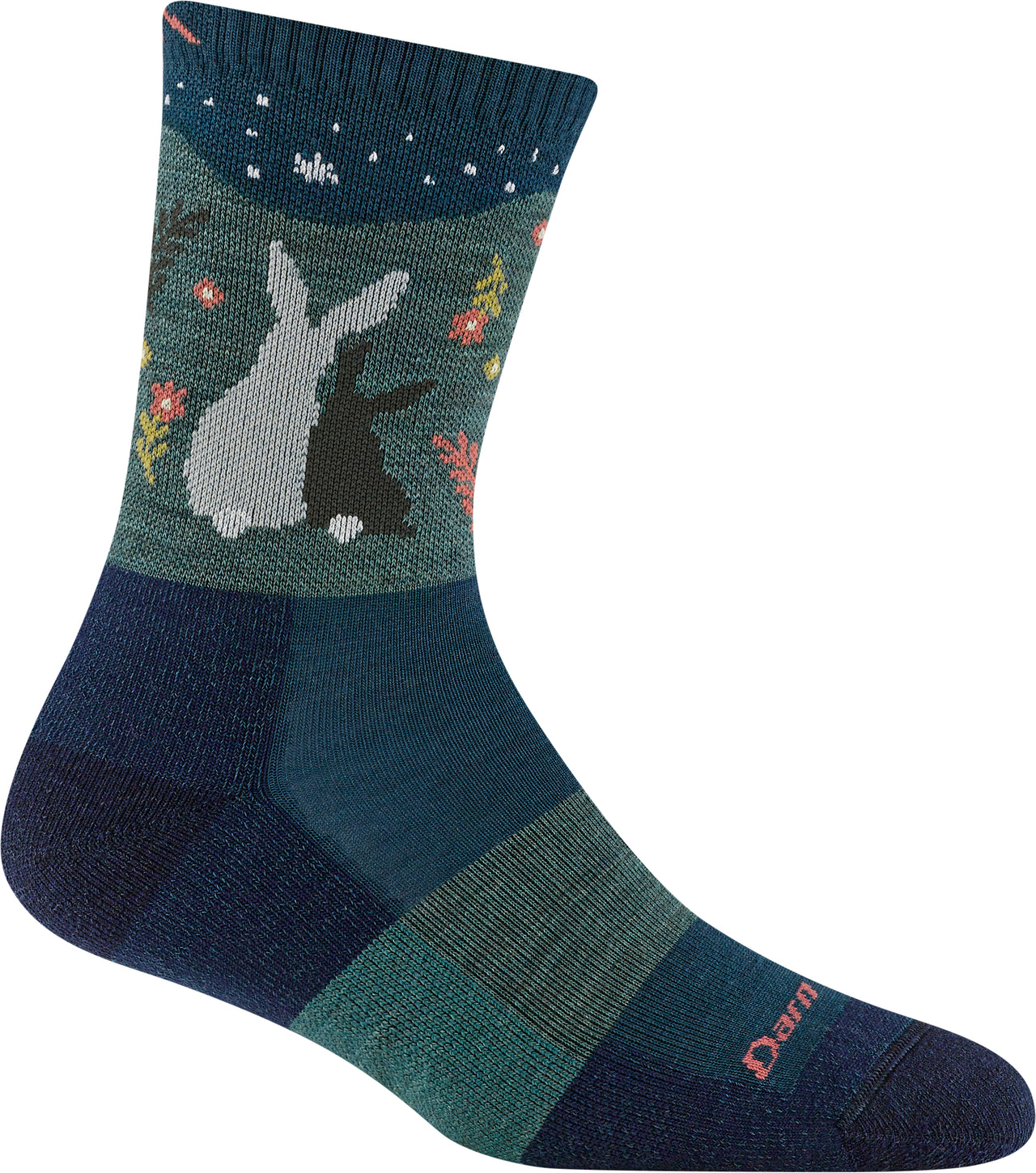 A sock with a pattern of bunnies and flowers.