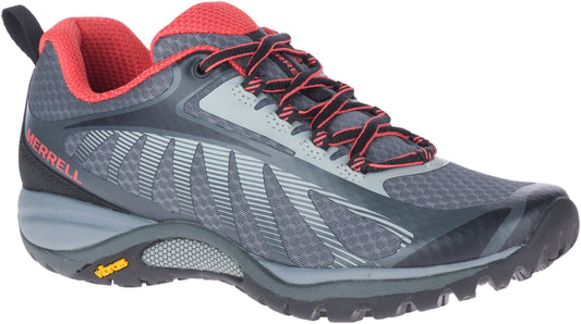Low-top athletic shoe with gray mesh upper and red lining, featuring patterned stripes, black laces, and a dark sole.