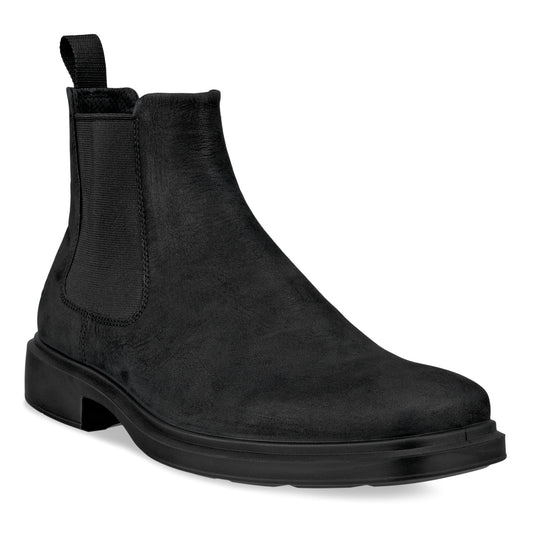 Black ankle-high Chelsea boot with a pull tab on the heel.