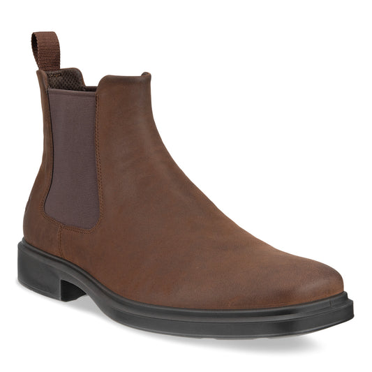 A brown leather Chelsea boot with a low black heel and elastic side panels.
