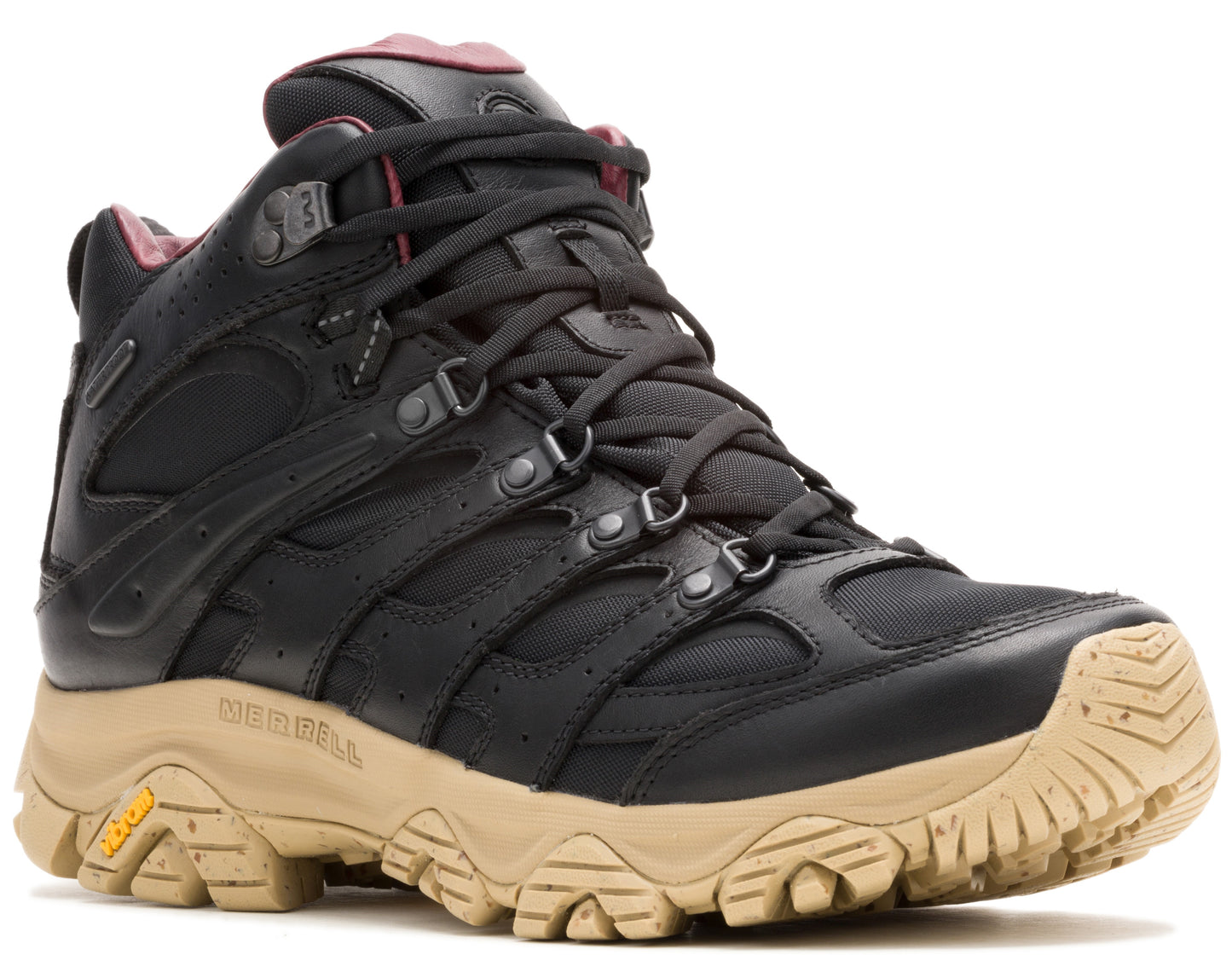 Black mid-top hiking boot with a tan sole.