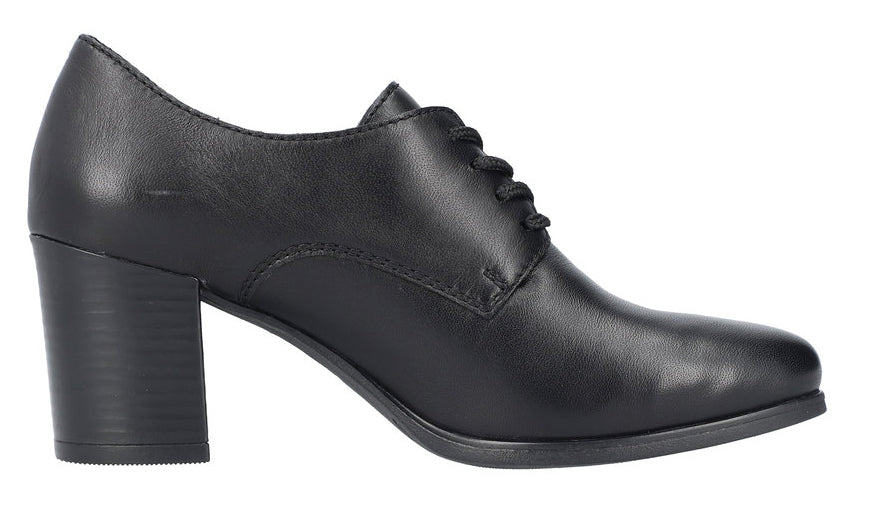 Black heeled dress shoe with laces.