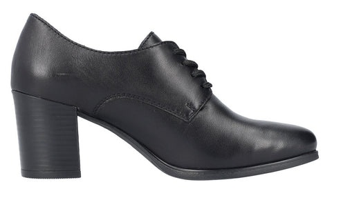 Black heeled dress shoe with laces.