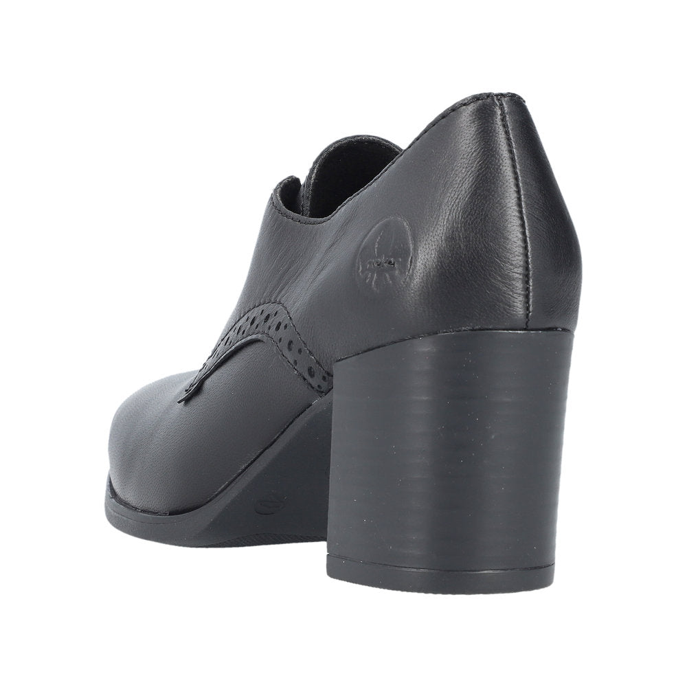 Black block-heeled loafer with decorative perforations.