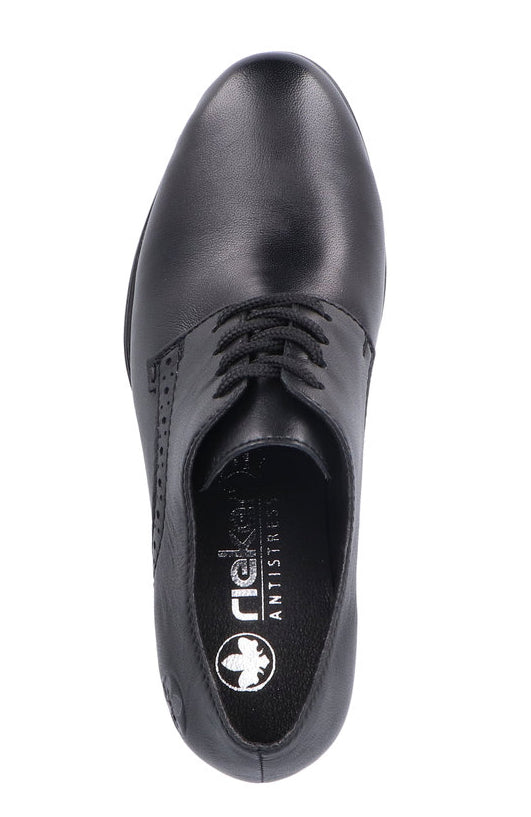 Black leather dress shoe with a lace-up closure, seen from above with "rieker ANTISTRESS" visible on the insole.