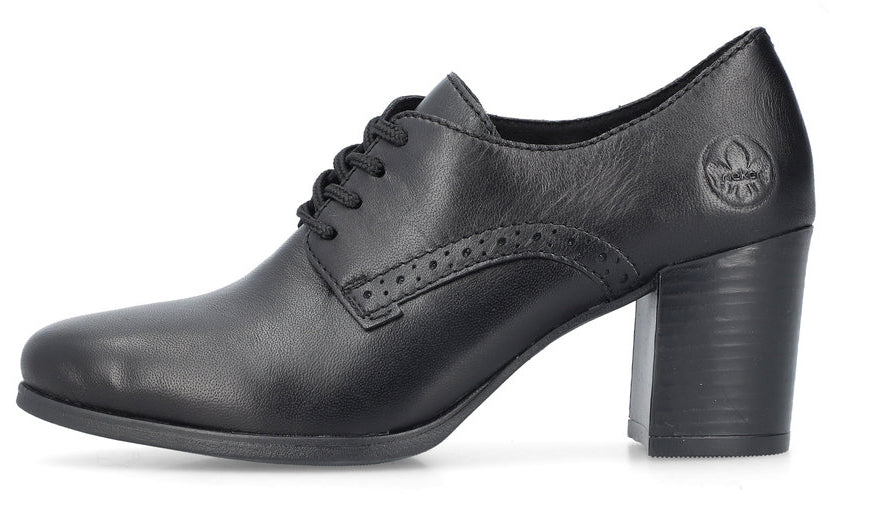 Black heeled dress shoe with laces and a block heel.