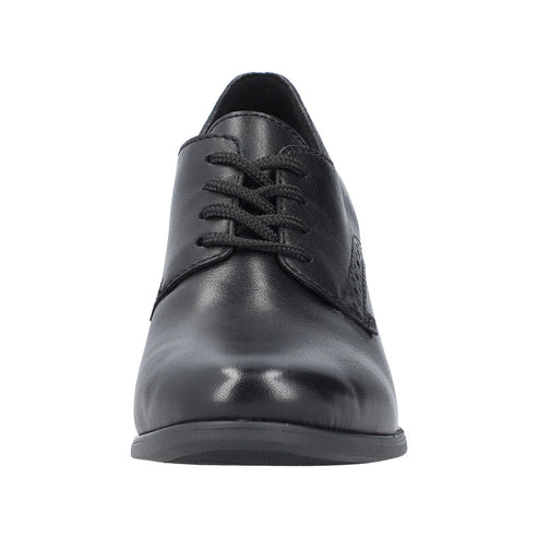 Black leather women's dress shoe with lace-up closure and a small heel.