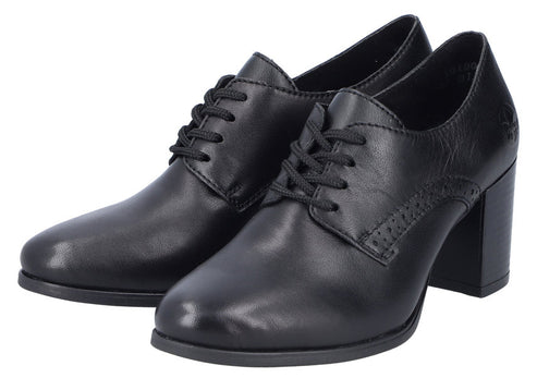 Pair of women's black leather heeled lace-up dress shoes.