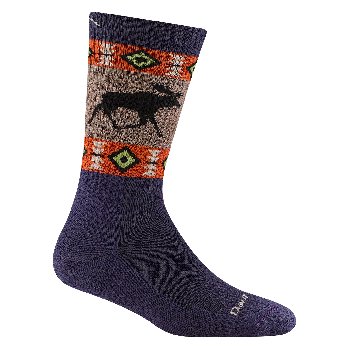 Blue sock with moose and geometric patterns.