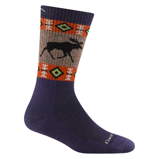 Blue sock with moose and geometric patterns.
