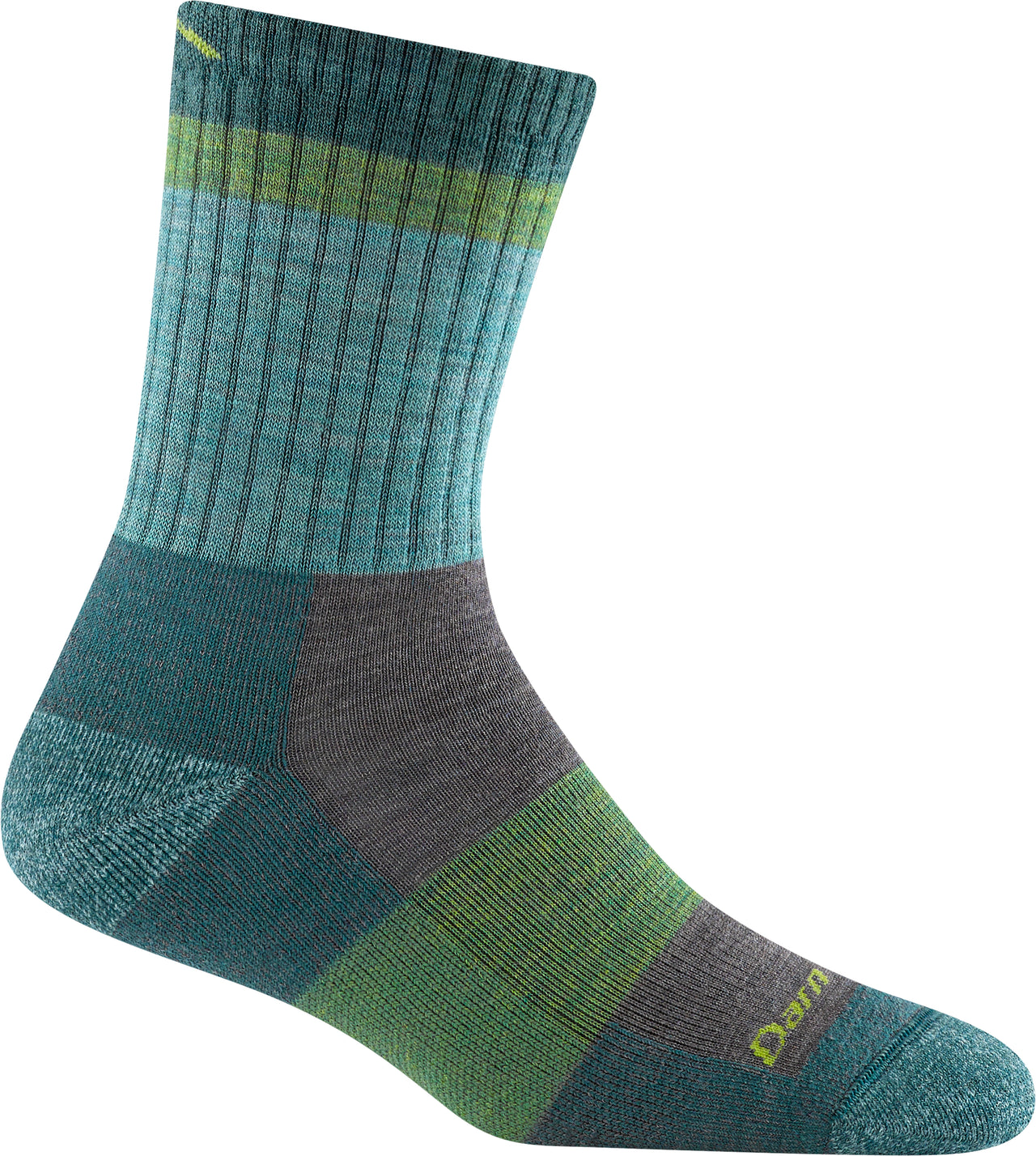 Crew-length sock with striped upper, color-blocked design in shades of green, blue, and gray.