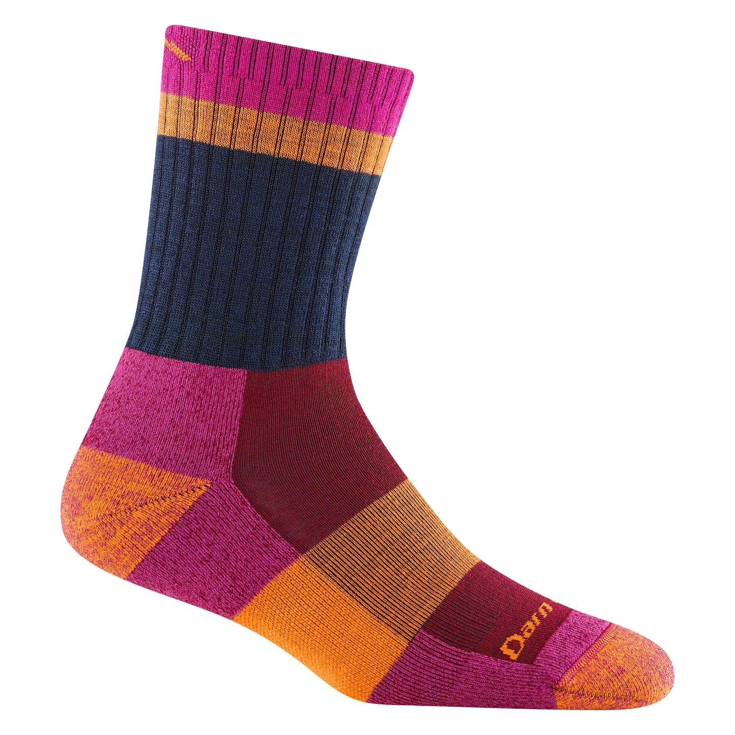 A colorful striped sock of magenta, orange, navy, and burgundy.