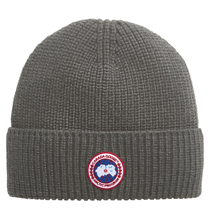 Gray knitted beanie with a circular patch with a polar bear and text "ARCTIC PROGRAM".