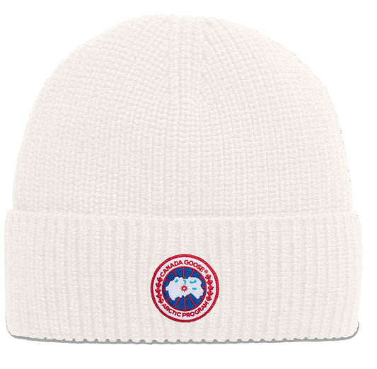 White knit beanie with Arctic Program badge.