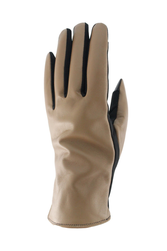 Tan glove with black lining.