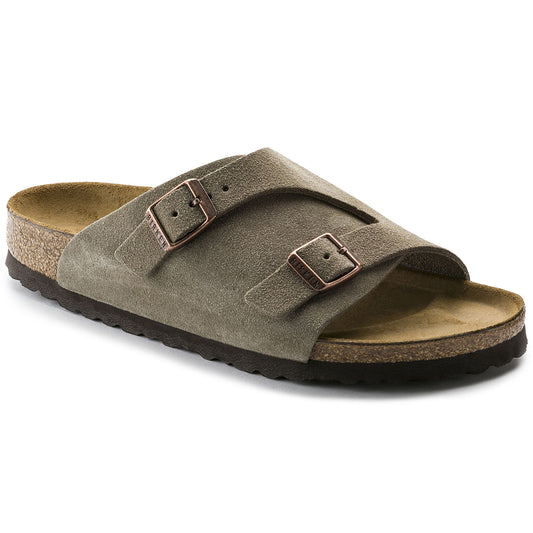 Khaki suede slide sandal with two adjustable straps and buckle closures.
