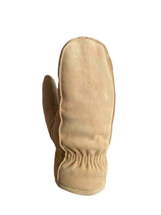 Tan-colored leather work mitten showing fingers and thumb with gathered wrist.