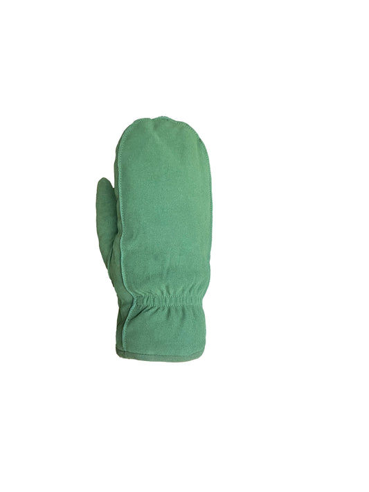 A single green mitten laying vertically.