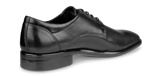 Black leather men's dress shoe with a low heel and lace-up closure.