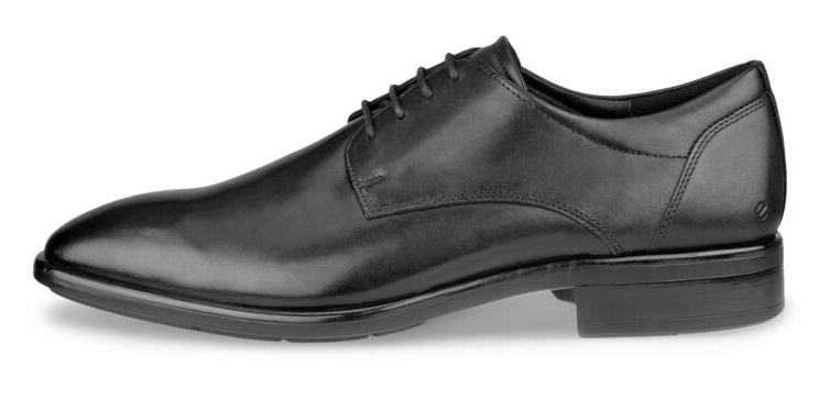 A black leather men's dress shoe with laces.