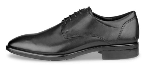 A black leather men's dress shoe with laces.
