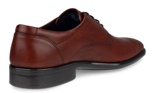 Brown leather dress shoe with a black sole and laces.
