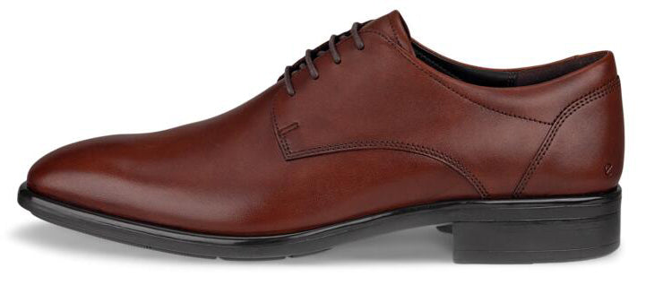 A brown leather dress shoe with black sole and laces.