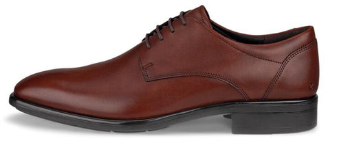 A brown leather dress shoe with black sole and laces.