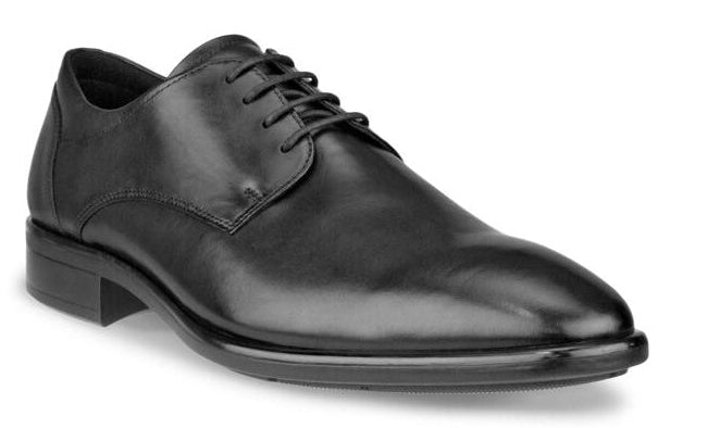 Black leather dress shoe with laces.