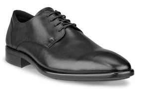 Black leather dress shoe with laces.