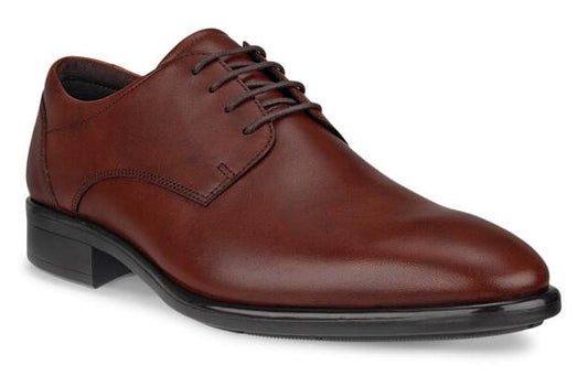 Brown leather dress shoe with laces and a black sole.