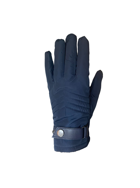 Navy blue glove with wrist strap and button.