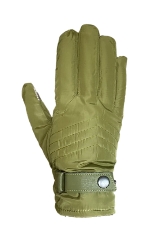 A green glove with quilting and a snap closure.