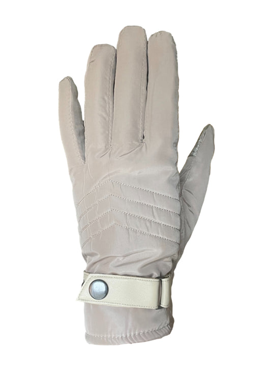 Beige glove with wrist strap and button detail.