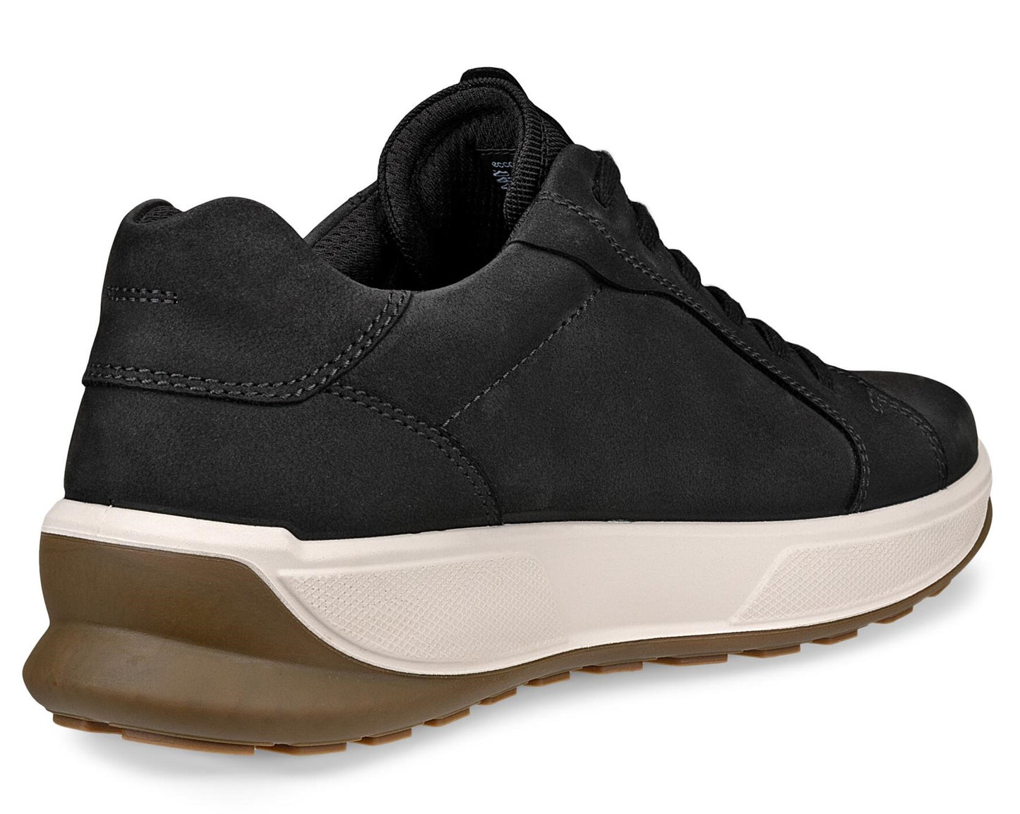 Black sneaker with white and brown sole