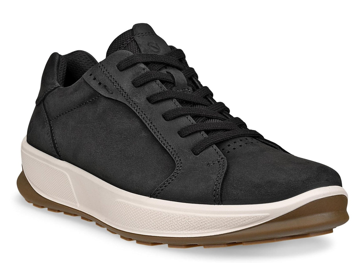 Black sneaker with black laces and a white sole.