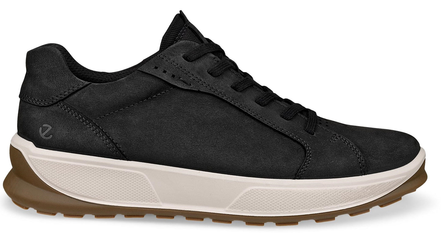Black leather sneaker with white midsole and brown sole.